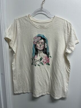 Cream Graphic Tee with Floral Sugar Skull Art